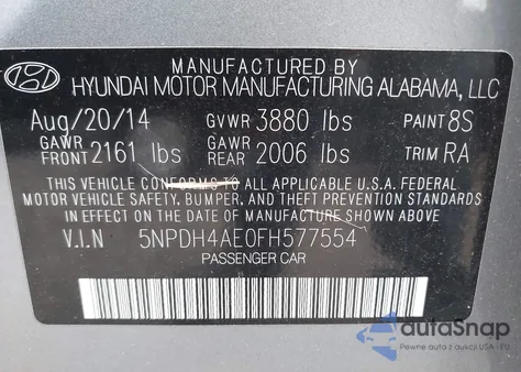 2015 Hyundai Elantra Se/Sport/Limited from USA, damaged, VIN 5NPDH4AE0FH577554